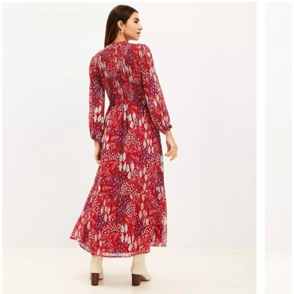 Loft Garden Smocked Bodice Tiered Maxi Dress Floral Long Sleeve Red 12 Large NWT - Picture 3 of 16